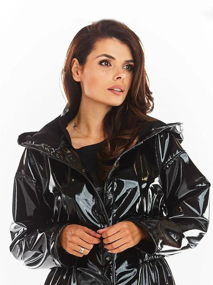 Women Shiny Patent Leather Parka Hood Overcoat With Pocket Faux Latex Long Sleeve Jacket Button Ladies PVC Raincoat New Custom