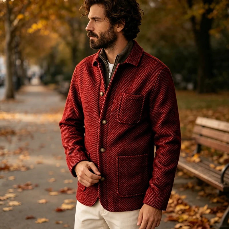 Vintage Men's Herringbone Pattern Blazer Wool Blend Lapel Collar Slim Fit Breathable Jacket Business Casual For DailyWear Office