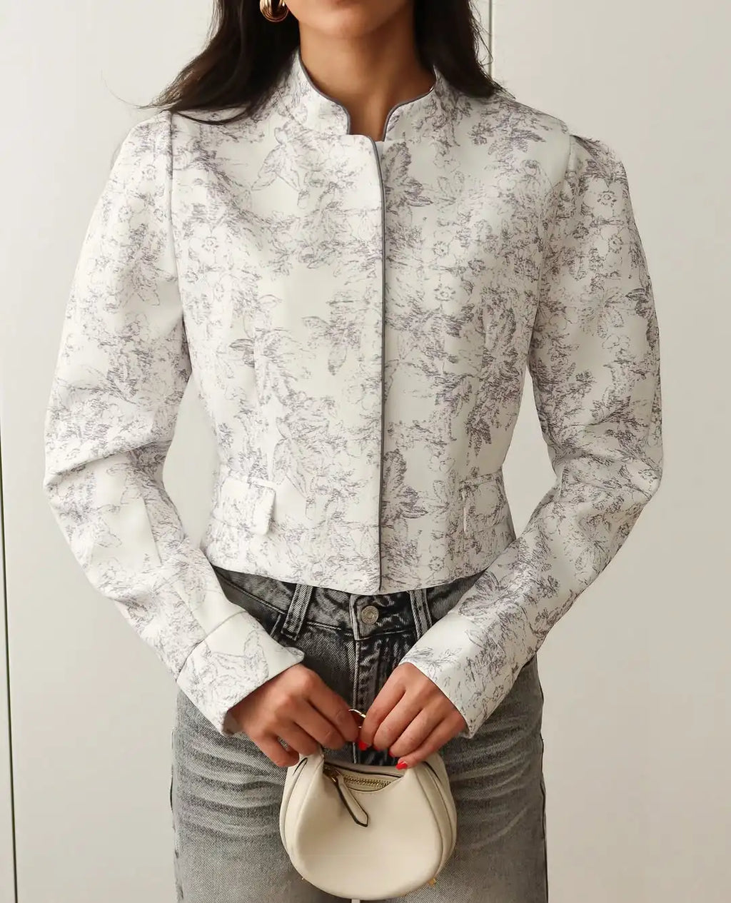 Printed Stand Collar Cropped Jacket Women Slim Open Front Short Coat2026 Autumn Long Sleeve Elegant Office Daily Commuter Outwea