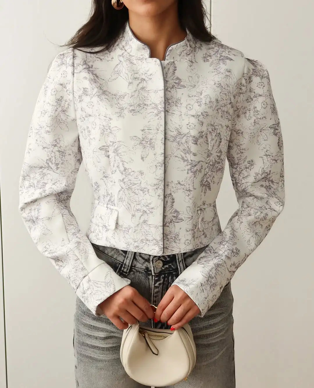 Printed Stand Collar Cropped Jacket Women Slim Open Front Short Coat2026 Autumn Long Sleeve Elegant Office Daily Commuter Outwea