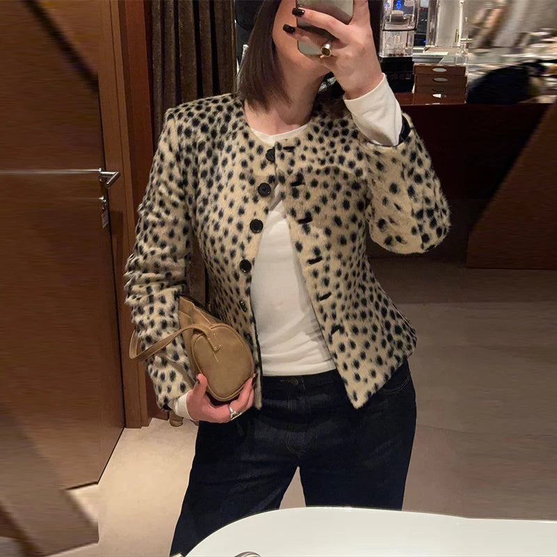 Retro Leopard Faux Fur Short Coat Lady Chic O-neck Single Button Placket Spotted Dot Cropped Long Sleeve Outerwear Street Jacket