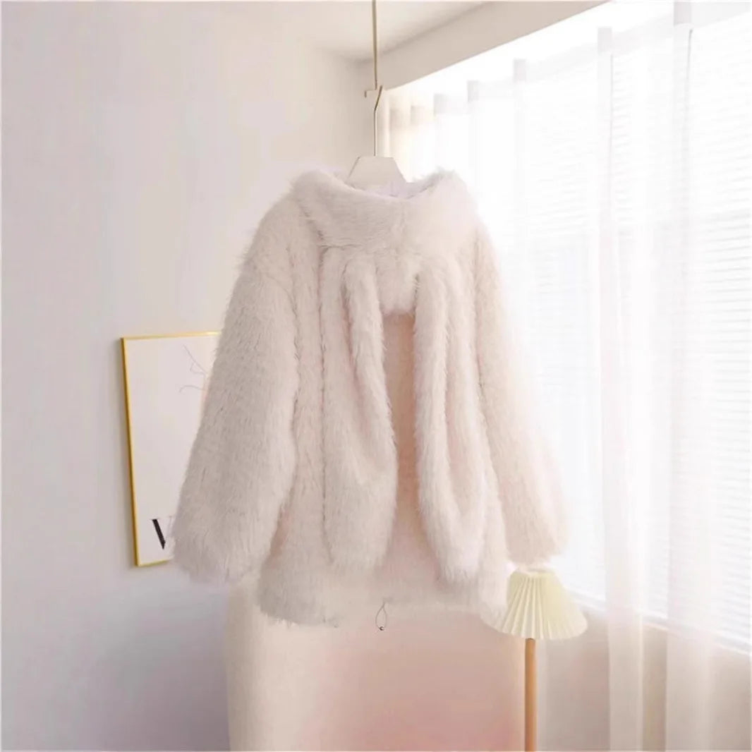 Lamb Fur Jacket Women's Loose Thickened Autumn Winter New Style Environmental Protection Cute Rabbit Ear Double-sided Cotton ...