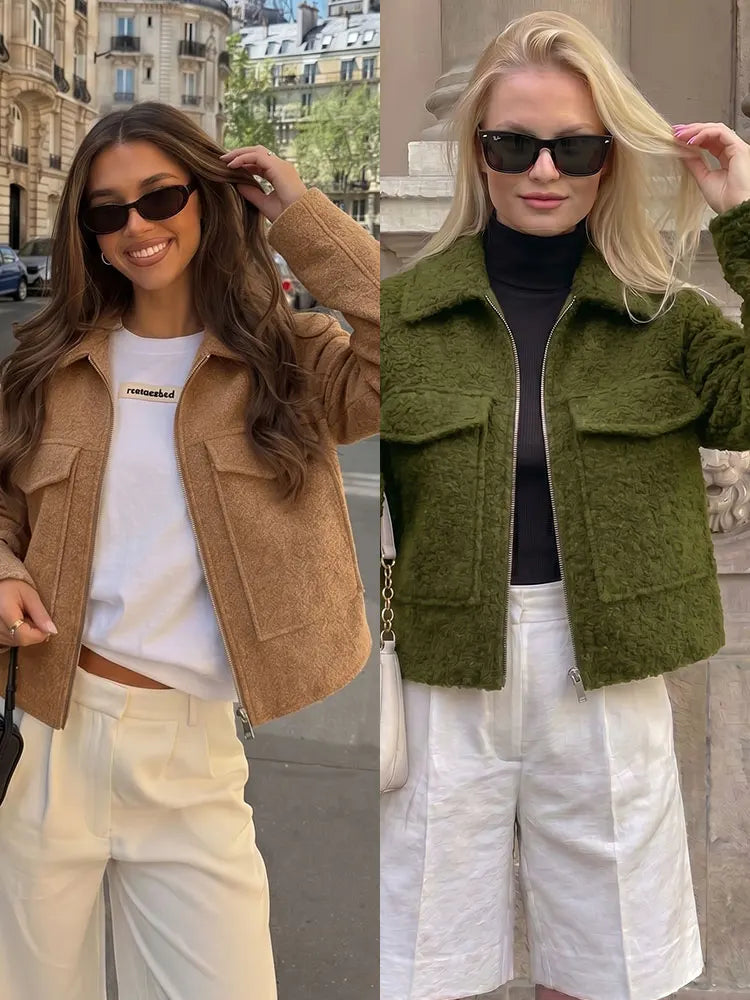 HH Women Elegant Solid Coat Front Pocket Zipper Long Sleeve Jacket Autumn Winter Casual High Street Party Vacation Outerwear