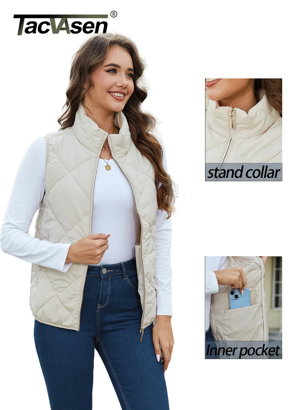 TACVASEN Women's Lightweight Puffer Sleeveless Vest Winter Warm Quilted Jacket Stand Collar Zip Up Vest Jacket with Pockets
