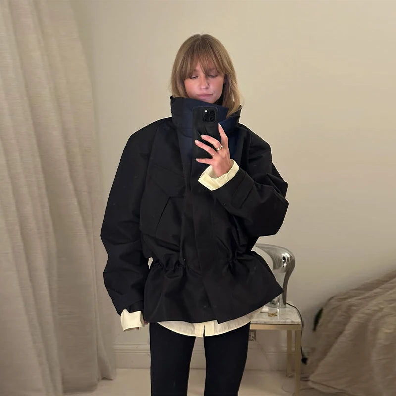 High Neck Zipper Multi Pockets Jacket Woman Solid Color Waist Cinched Long Sleeve Casual Coat Fashion Street Women's New Jackets