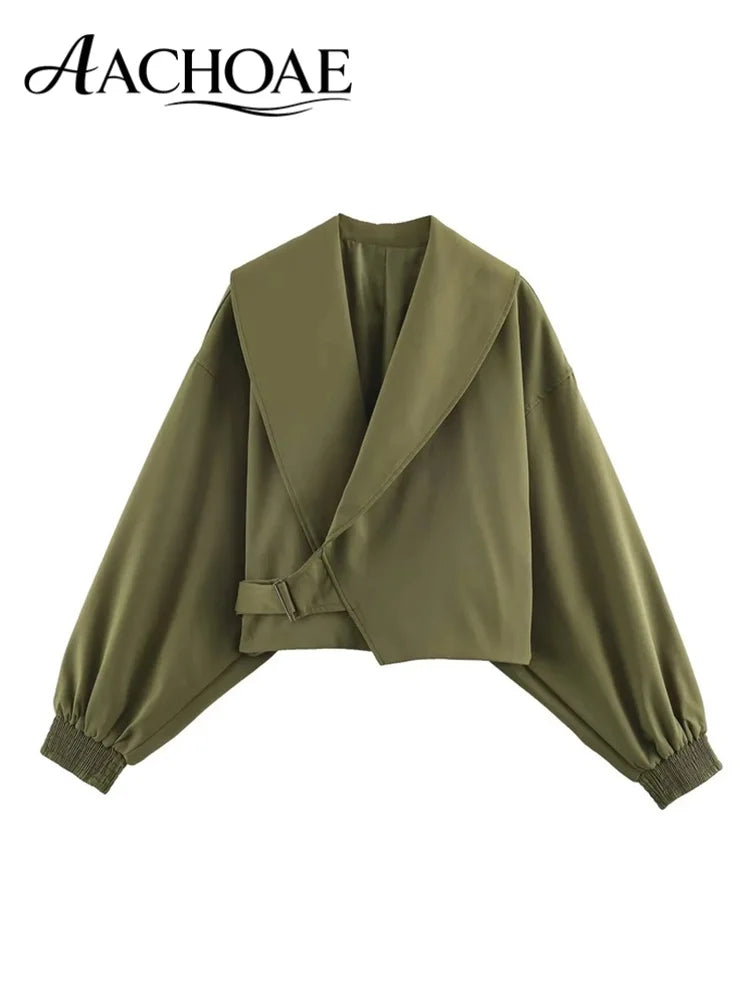 AACHOAE Women Oversized Lapel Cropped Jacket Belted Short Coat Long Sleeve Elastic Cuff Casual Chic Elegant Minimalist Outerwear
