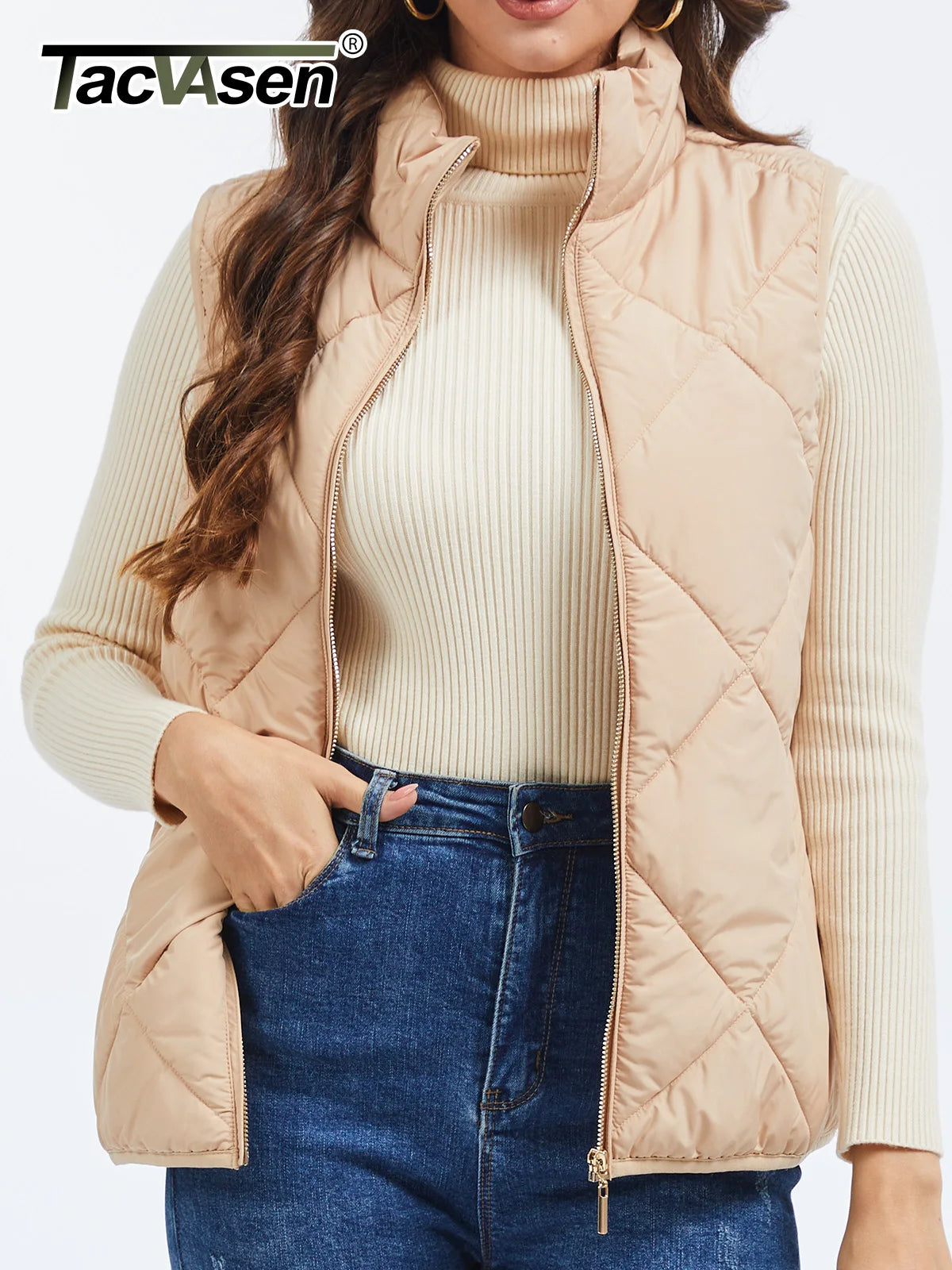 TACVASEN Women's Lightweight Puffer Sleeveless Vest Winter Warm Quilted Jacket Stand Collar Zip Up Vest Jacket with Pockets