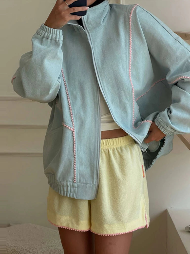 Denim Contrast Jackets Women Standneck Long Sleeves Zipper Loose Coats Female 2026 Autumn New Chic Fashion Casual Outwears Lady