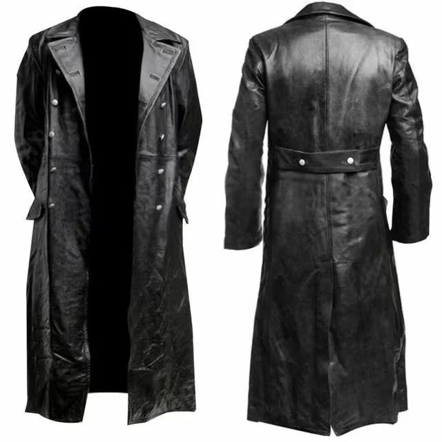 Black Leather raincoat officer military classic German menswear  coat men  long jackets for men