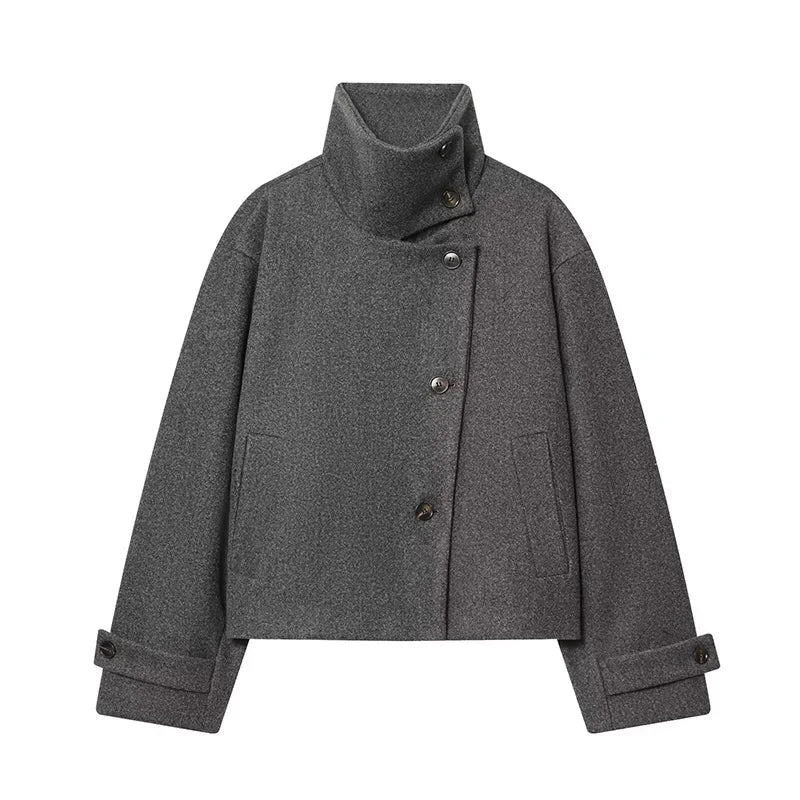 Stand Collar Asymmetric Woman's Coats Jacket for Woman Wool Short Tops Loose Cropped Jackets Autumn Winter Wear Daily Outfits