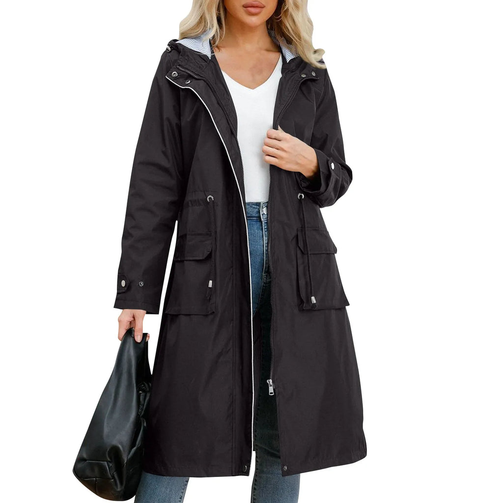 Women's Chic Hooded Long Sleeved Solid Color Trench Coat With Striped And Straight Tube Jacket Elegant British Style Windbreake
