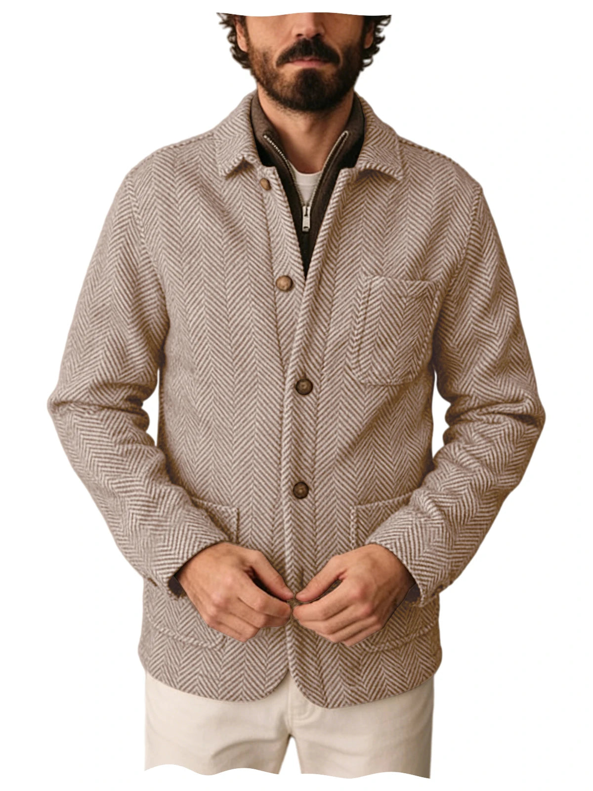 Vintage Men's Herringbone Pattern Blazer Wool Blend Lapel Collar Slim Fit Breathable Jacket Business Casual For DailyWear Office