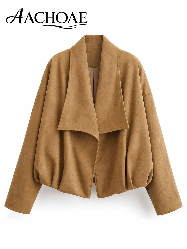 Women Faux Suede Jacket Oversized Open Front Coat Minimalist Casual Outerwear Autumn Winter