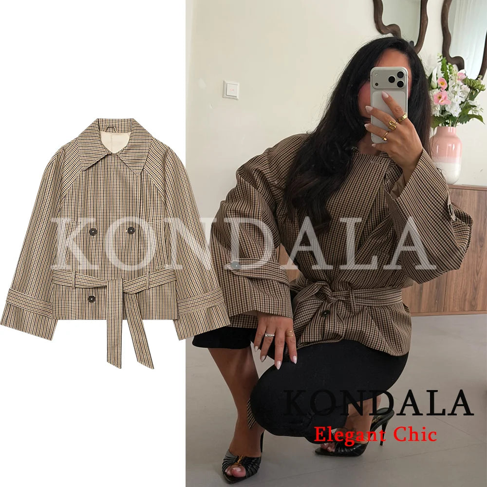 KONDALA Women Trendy Plaid Short Jacket Double Breasted Belt Pockets Jacket New Fashion 2026 Early Fall Streetwear Trench Coat