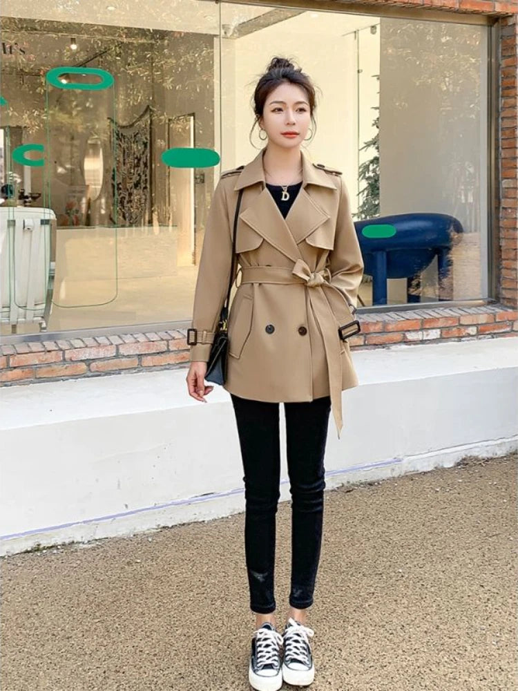 Khaki Tailored Collar Jackets Women's Korean Senior Solid Color Outdoor Slim Windbreaker Coats Female Spring Fashion Clothing