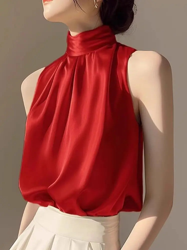 2025 Silkly Satin Sleeveless Crop Top Summer Half Turtleneck Women Pulover Tee Halter Vest Lady Loose Shirts Red party Blouses