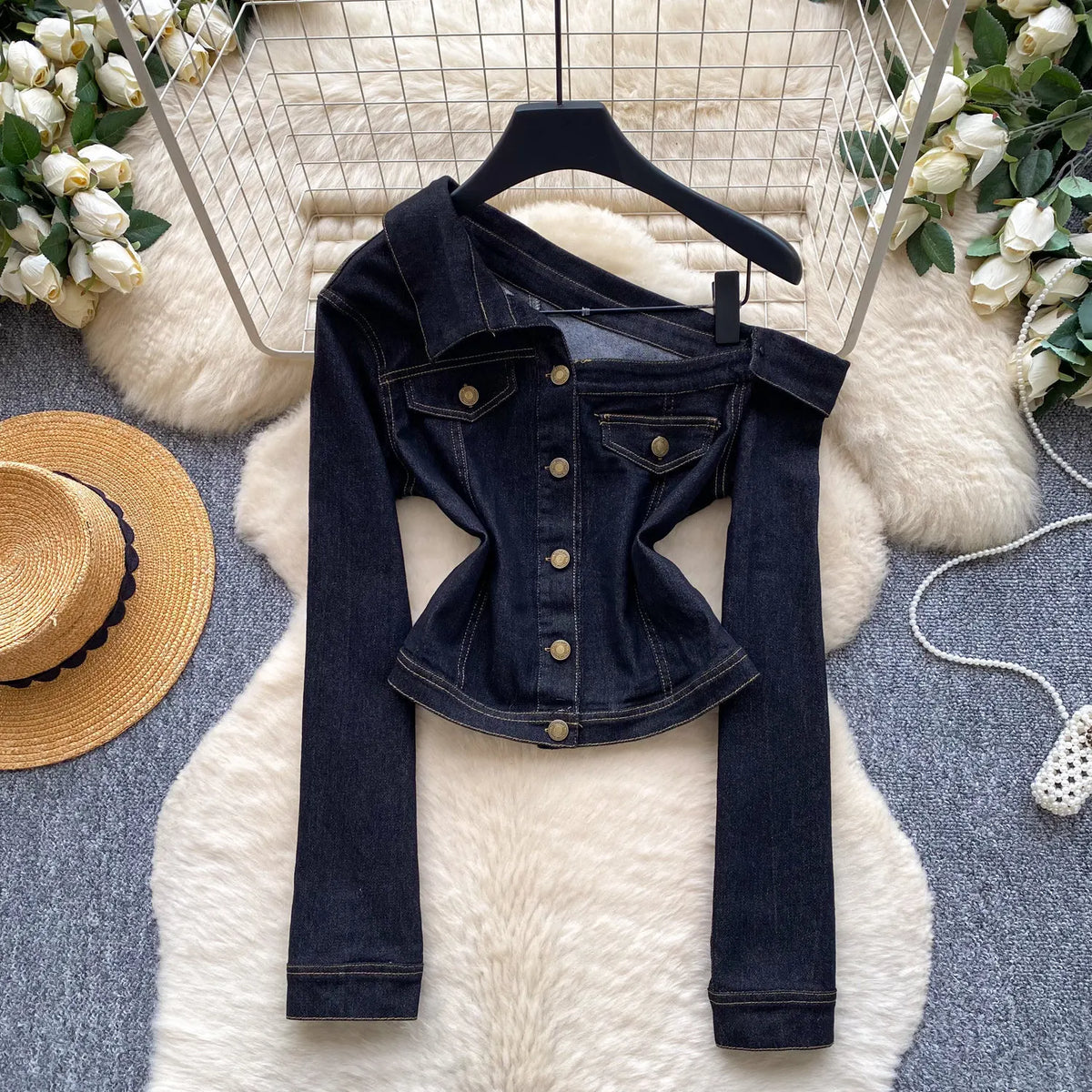 Blouses Women Denim Shirt Vintage Turn Down Collar Full Sleeve Tops Y2k Streetwear Elegant Splice Shirts Slim Fit 2026 Autumn