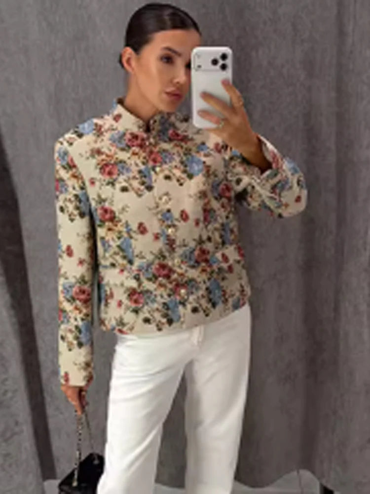 Printed Stand Collar Cropped Jacket Women Slim Open Front Short Coat2026 Autumn Long Sleeve Elegant Office Daily Commuter Outwea