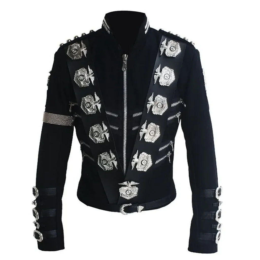 Impersonator Michael Jackson Costumes Jacket Stuff BAD Black With Silver Eagle Badges Punk Metal woolen Clothing