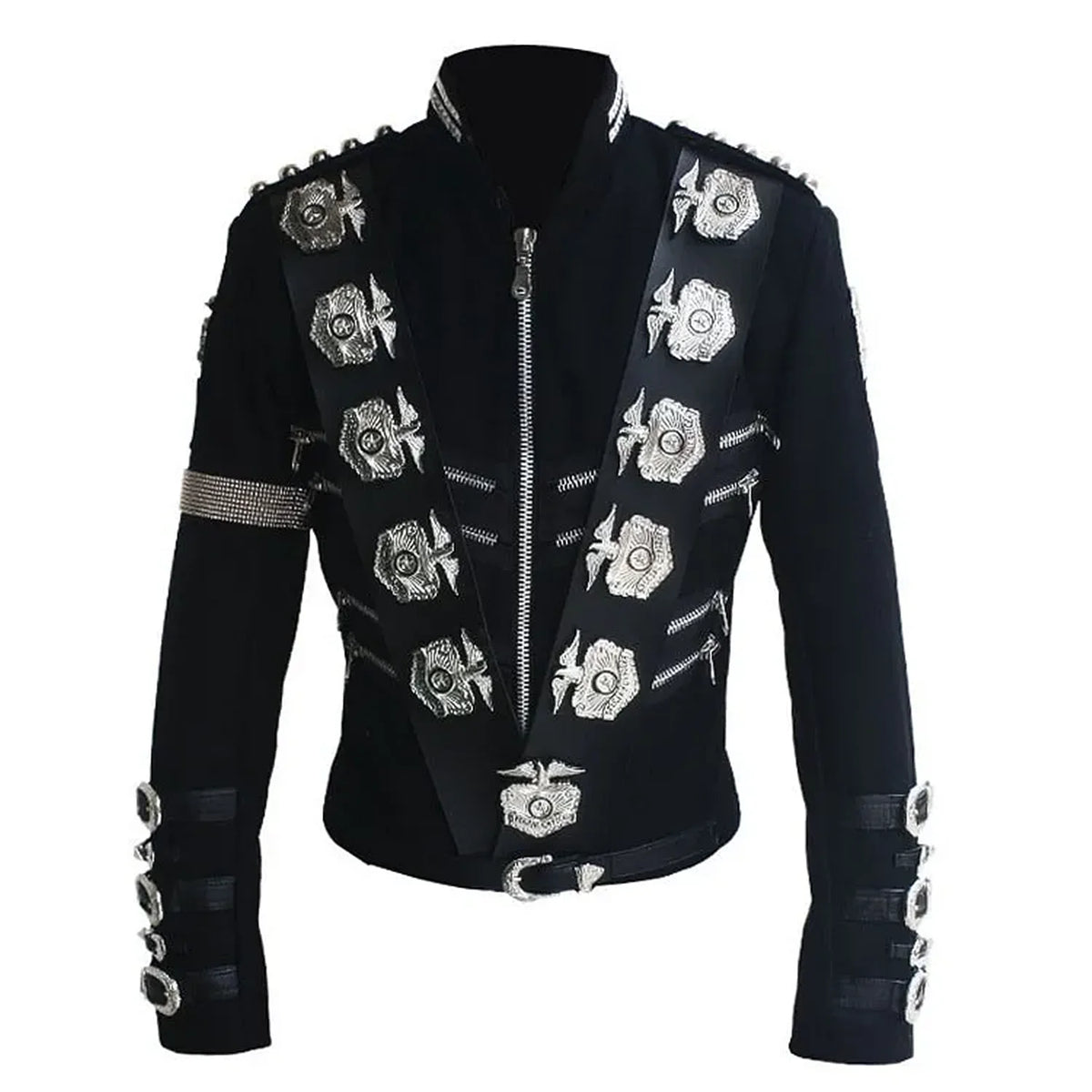 Impersonator Michael Jackson Costumes Jacket Stuff BAD Black With Silver Eagle Badges Punk Metal woolen Clothing
