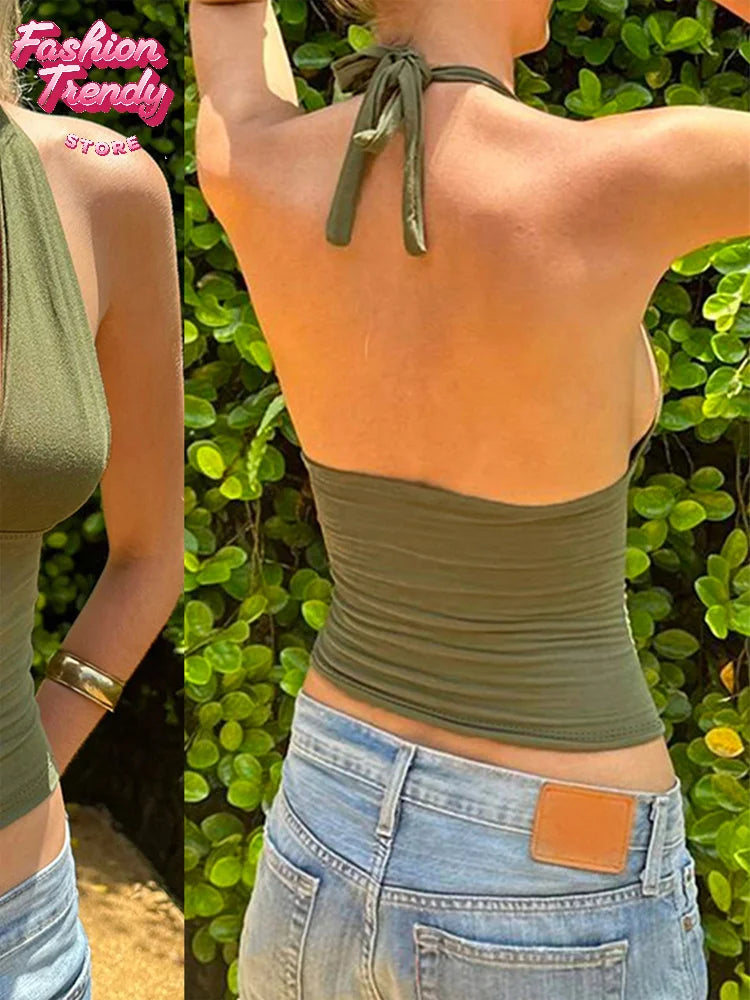 Women Turquoise Ribbed Halter Crop Top Deep V Sleeveless Side Ruched Slim Fit Cropped Tank 2026 Ladies Summer Casual Outfit New