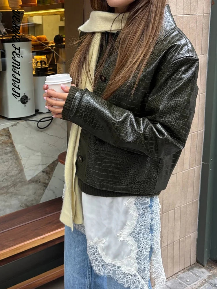 Lapel Long Sleeve Faux Leather Jacket Women Street Turn-down Collar Single Breasted Loose Coats Chic Lady Jackets New Outerwears