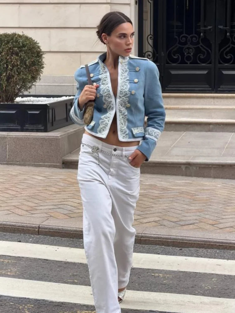 Denim Cropped Jacket Stand Collar Lace Trim Double Metal Buttons  2026 Autumn Chic Fashion Trendy Lady Vintage Party Jackets