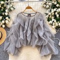 2026 New Spring Autumn Women Korean Style O-neck Long Sleeve Shirt Multi Layer Ruffles Solid Color Chiffon Shirt Tops