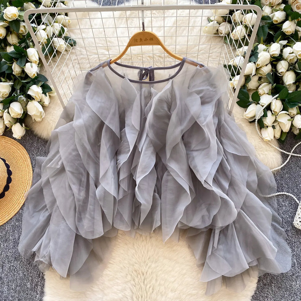 2026 New Spring Autumn Women Korean Style O-neck Long Sleeve Shirt Multi Layer Ruffles Solid Color Chiffon Shirt Tops
