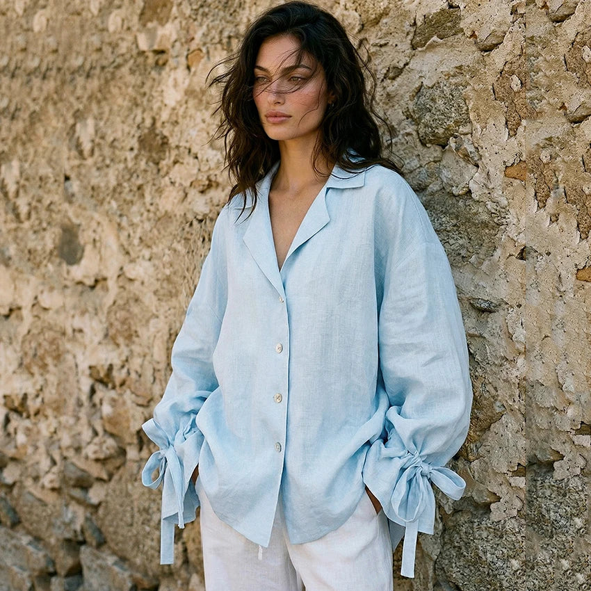 Linad Casual Blue Flare Sleeve Shirts Female Autumn Street Chic Notched Neck Woman Blouse Daily Single Breasted Tops Bows 2026