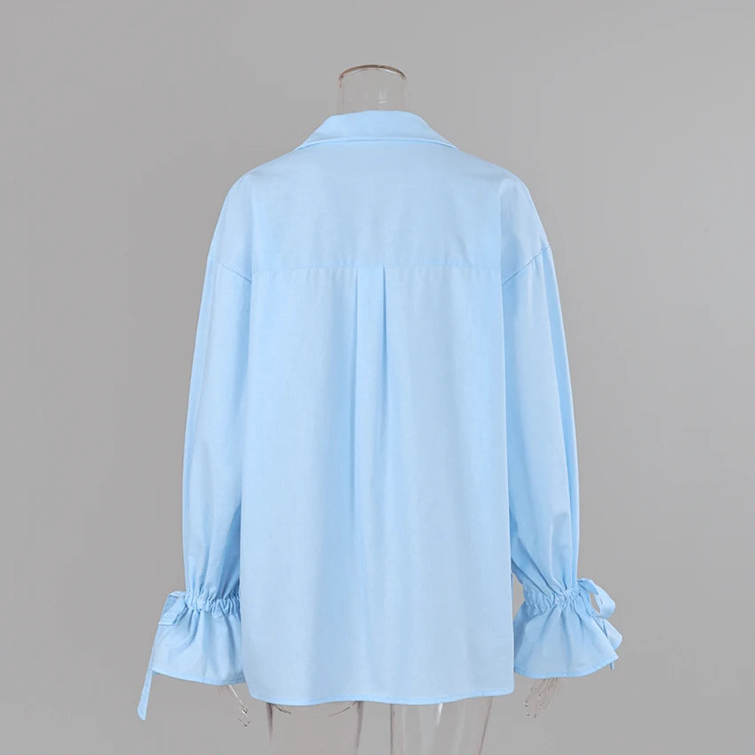 Linad Casual Blue Flare Sleeve Shirts Female Autumn Street Chic Notched Neck Woman Blouse Daily Single Breasted Tops Bows 2026