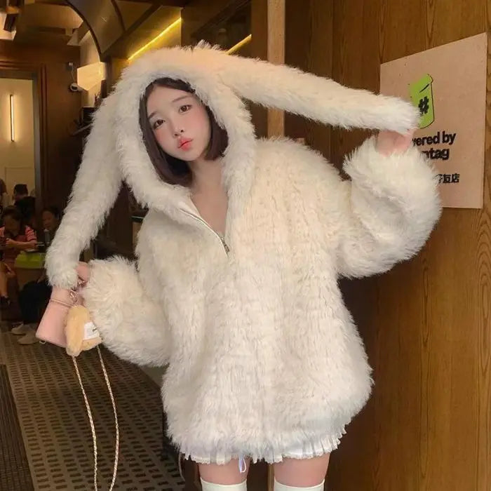 Lamb Fur Jacket Women's Loose Thickened Autumn Winter New Style Environmental Protection Cute Rabbit Ear Double-sided Cotton ...