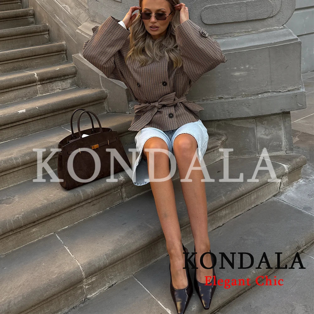 KONDALA Women Trendy Plaid Short Jacket Double Breasted Belt Pockets Jacket New Fashion 2026 Early Fall Streetwear Trench Coat