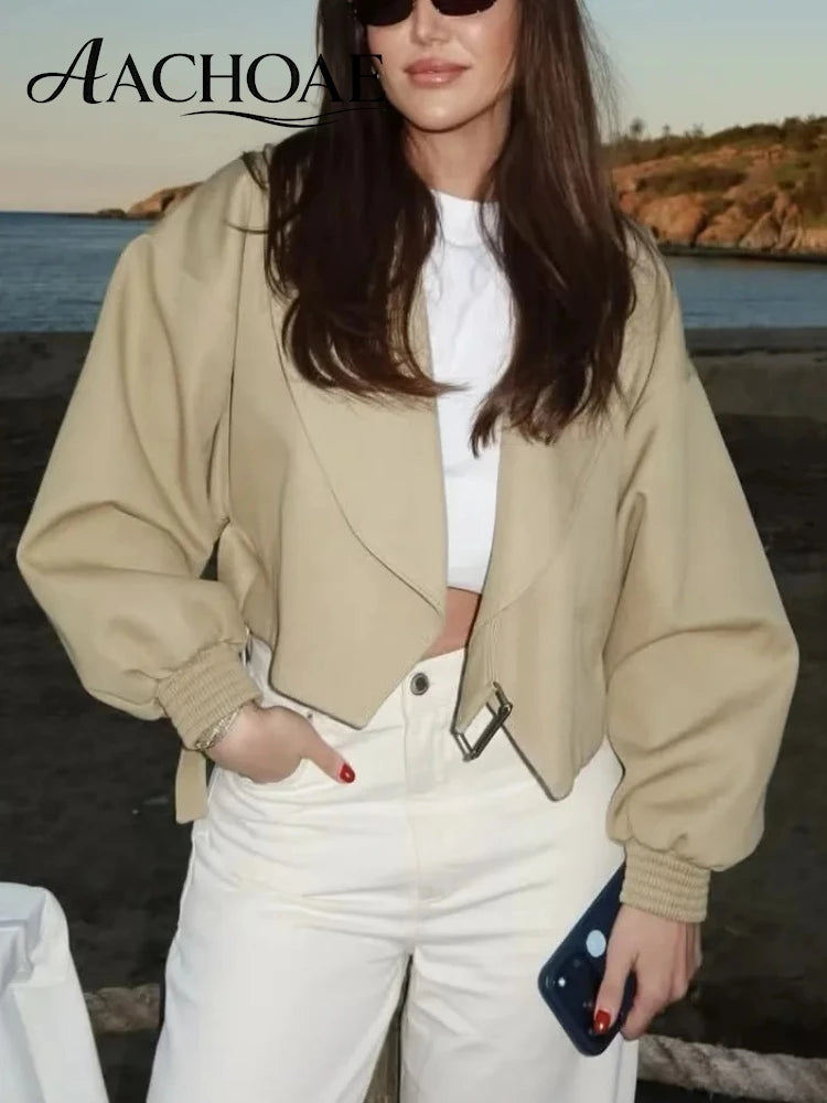 AACHOAE Women Oversized Lapel Cropped Jacket Belted Short Coat Long Sleeve Elastic Cuff Casual Chic Elegant Minimalist Outerwear