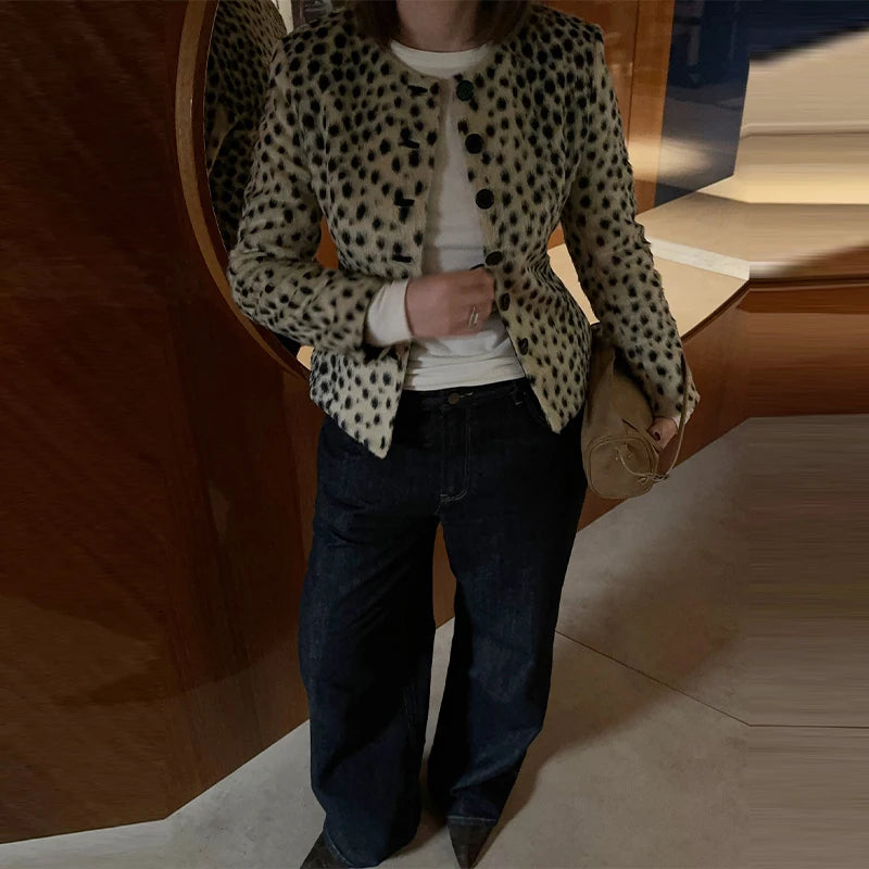 Retro Leopard Faux Fur Short Coat Lady Chic O-neck Single Button Placket Spotted Dot Cropped Long Sleeve Outerwear Street Jacket