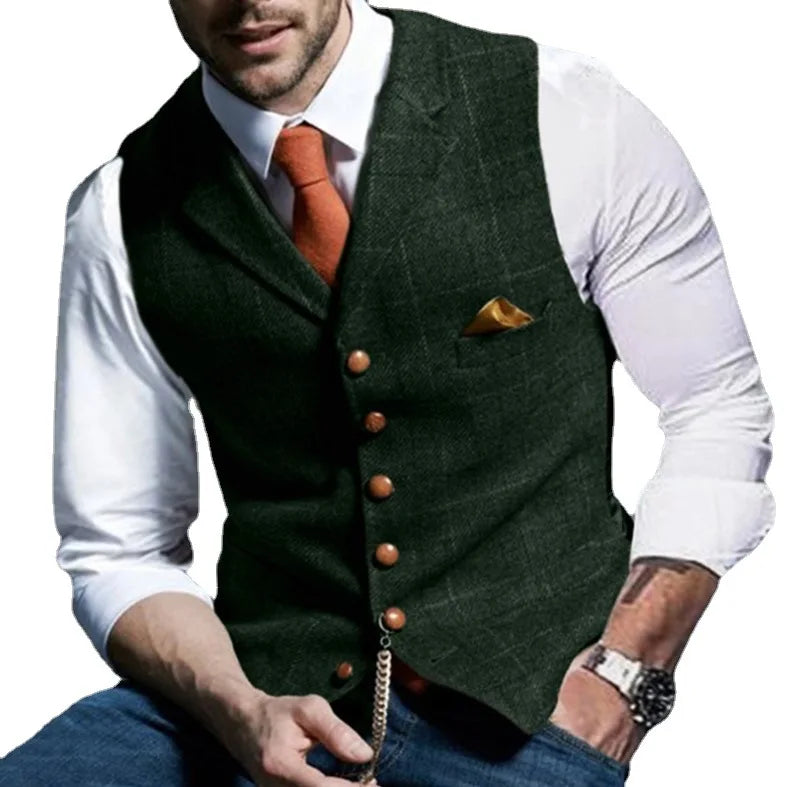 Brown Casual Gentleman Men's Army Green Vest Plaid Soft Wool Jacket Tweed Business Waistcoat For Wedding Best Man