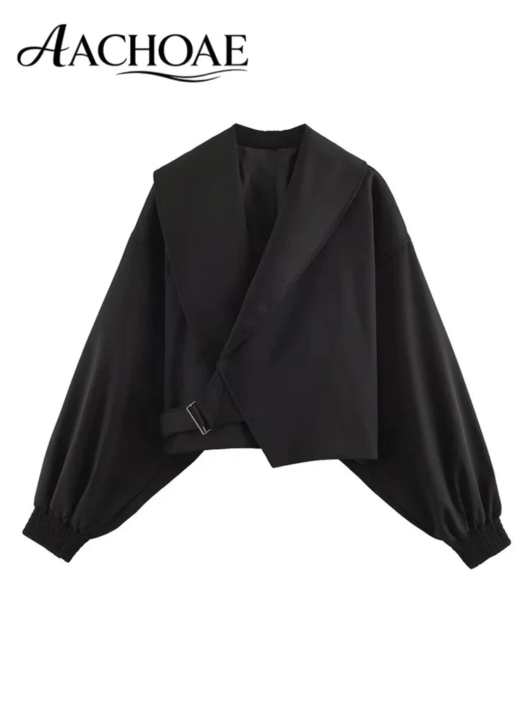 AACHOAE Women Oversized Lapel Cropped Jacket Belted Short Coat Long Sleeve Elastic Cuff Casual Chic Elegant Minimalist Outerwear