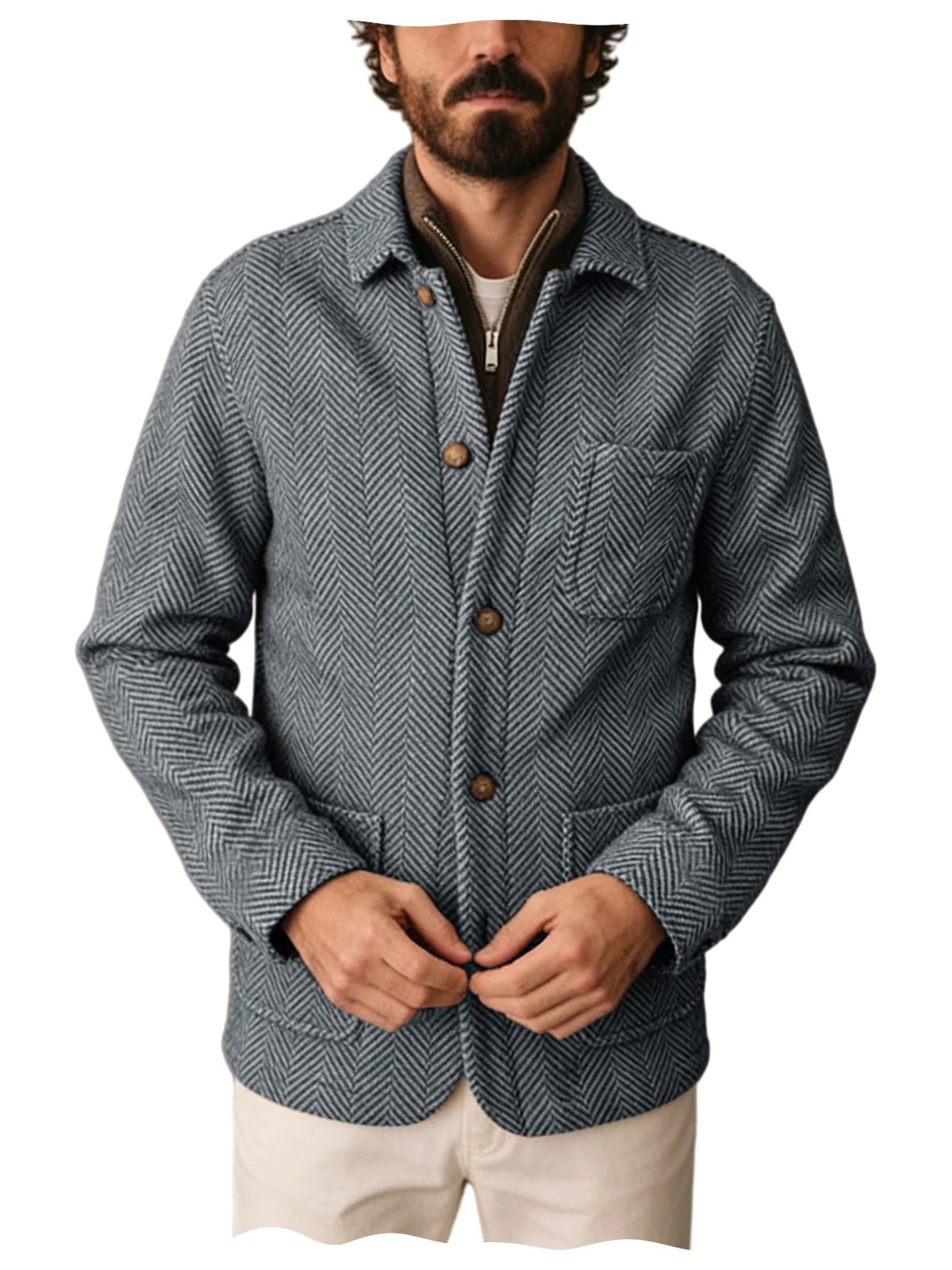 Vintage Men's Herringbone Pattern Blazer Wool Blend Lapel Collar Slim Fit Breathable Jacket Business Casual For DailyWear Office