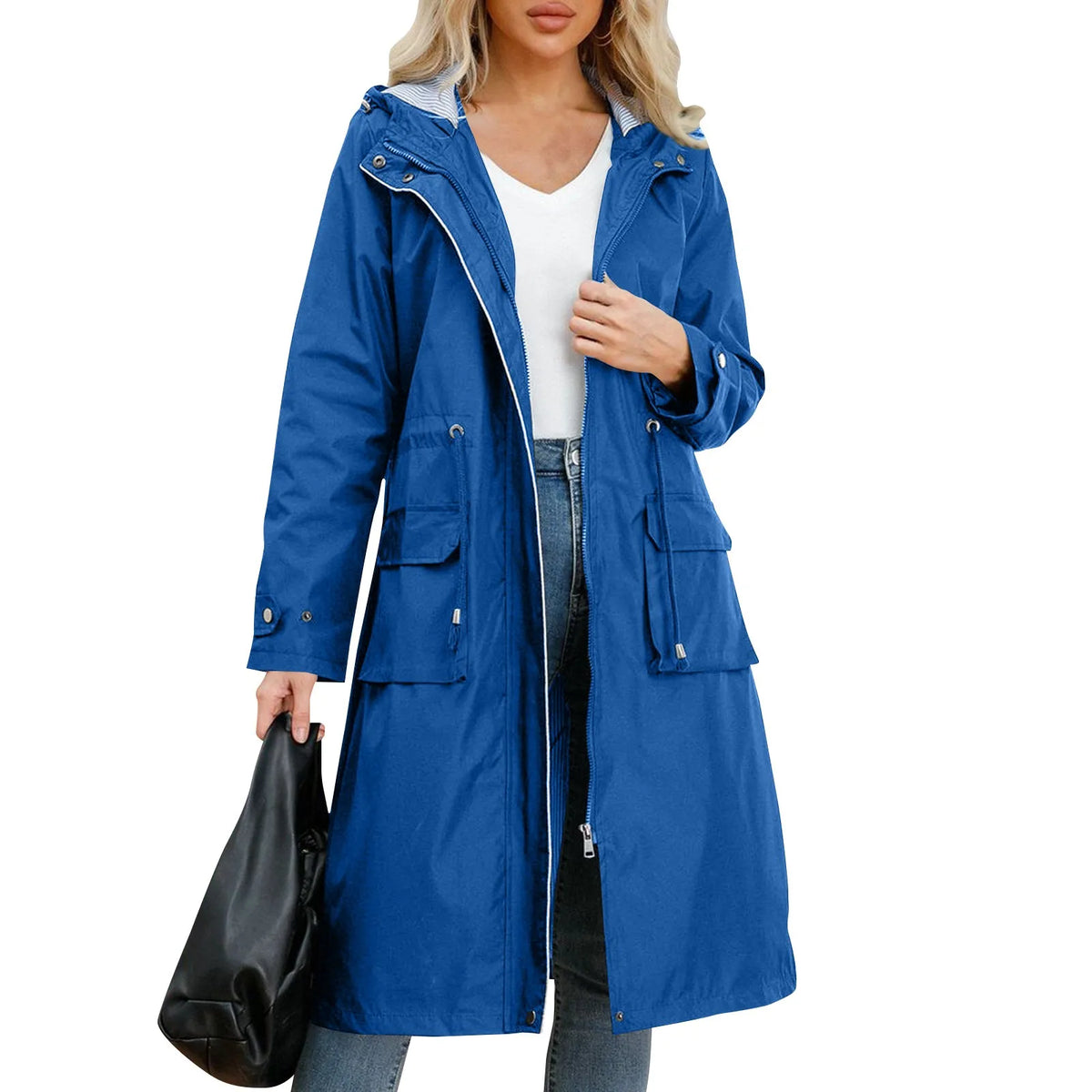 Women's Chic Hooded Long Sleeved Solid Color Trench Coat With Striped And Straight Tube Jacket Elegant British Style Windbreake