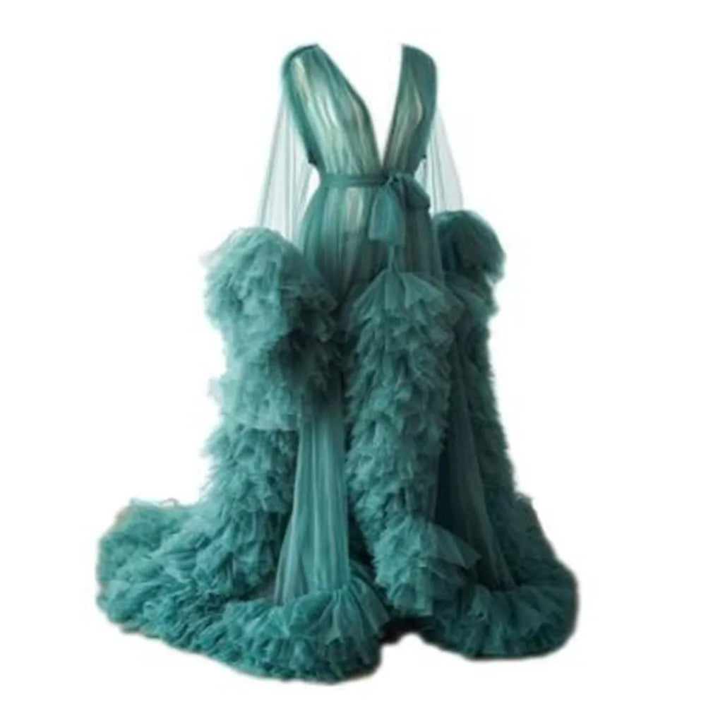 Women's Burgundy Photography Dress Sexy Robe Nightgown Ruffles Sleepwear Lace Tulle Bathrobe Pajamas Prom Bridesmaid Shawl