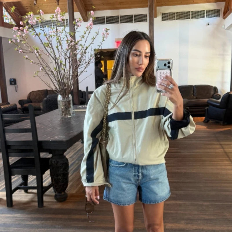 Suninheart Autumn Women's Jackets Oversized Vintage Bomber Jacket Zip Up Stand Collar Short Coat Streetwear Fashion Outwear