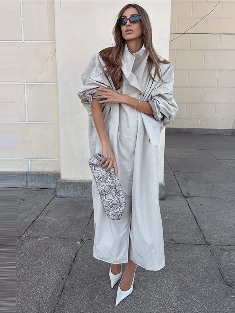 Women Oversized Stand Collar Trench Coat Loose Snap Button Full Sleeve Long Windbreaker 2026 Autumn New Lady Casual Outfits