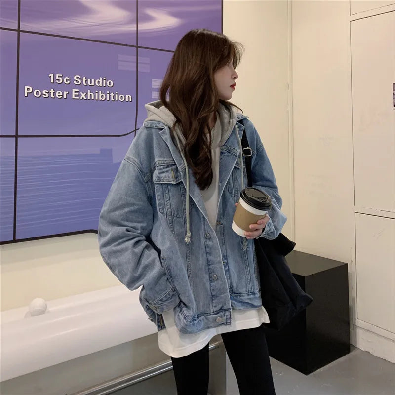 Women's Hooded Denim Jacket 2024 Spring Fall Collection Light Wash Korean-Inspired Oversized Casual Coat Trendy Streetwear Top