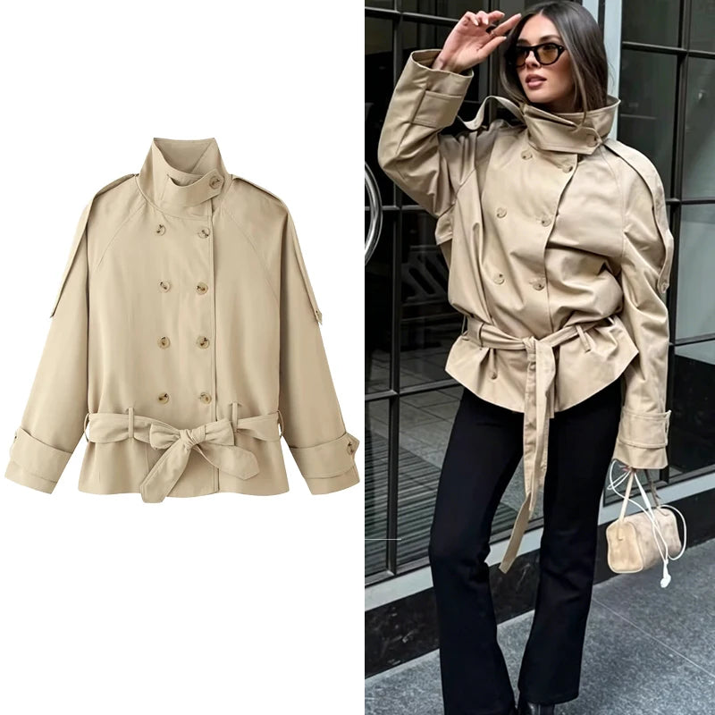 Women Vintage Chic Trench Khaki Coat Women Solid Stand Collar Double Breasted Belt Bow Coat Female Fashion Spring Summer Outwear