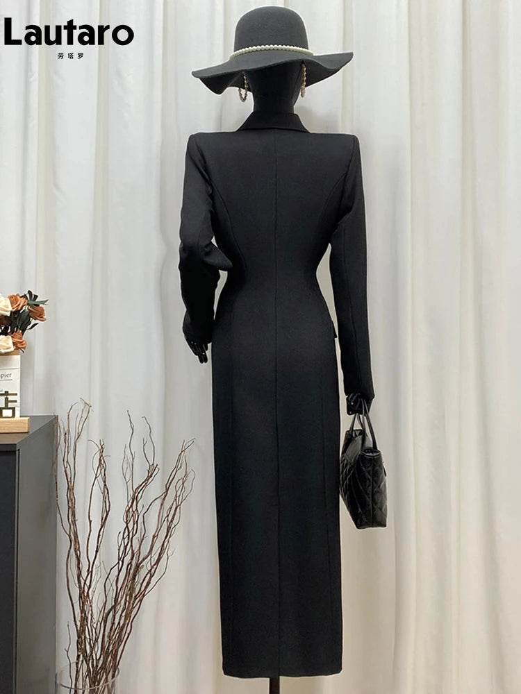Lautaro Spring Autumn Long Black Fitted Blazer Coat for Women Double Breasted Elegant Luxury Chic European Fashion Overcoat 2025