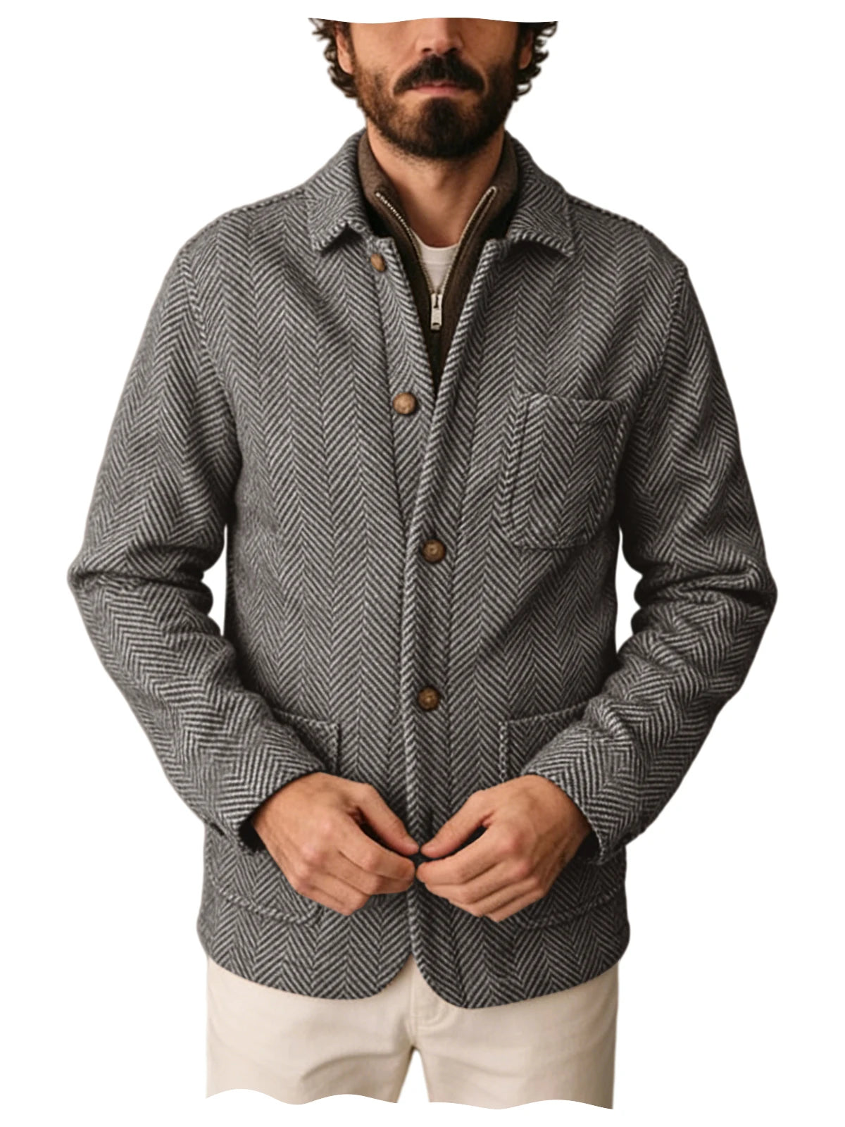 Vintage Men's Herringbone Pattern Blazer Wool Blend Lapel Collar Slim Fit Breathable Jacket Business Casual For DailyWear Office