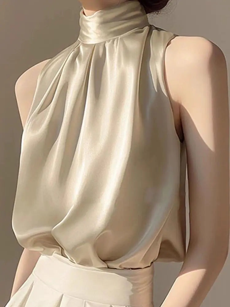 2025 Silkly Satin Sleeveless Crop Top Summer Half Turtleneck Women Pulover Tee Halter Vest Lady Loose Shirts Red party Blouses