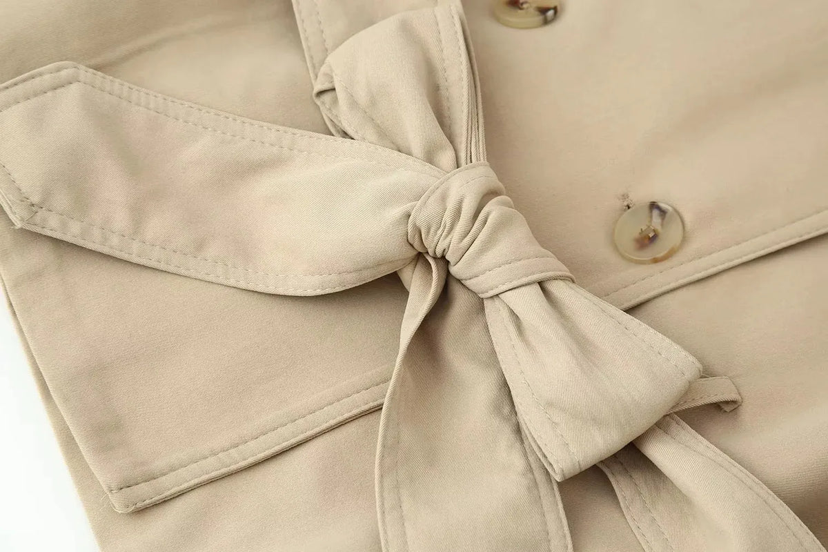 Women Vintage Chic Trench Khaki Coat Women Solid Stand Collar Double Breasted Belt Bow Coat Female Fashion Spring Summer Outwear