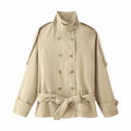 Women Vintage Chic Trench Khaki Coat Women Solid Stand Collar Double Breasted Belt Bow Coat Female Fashion Spring Summer Outwear