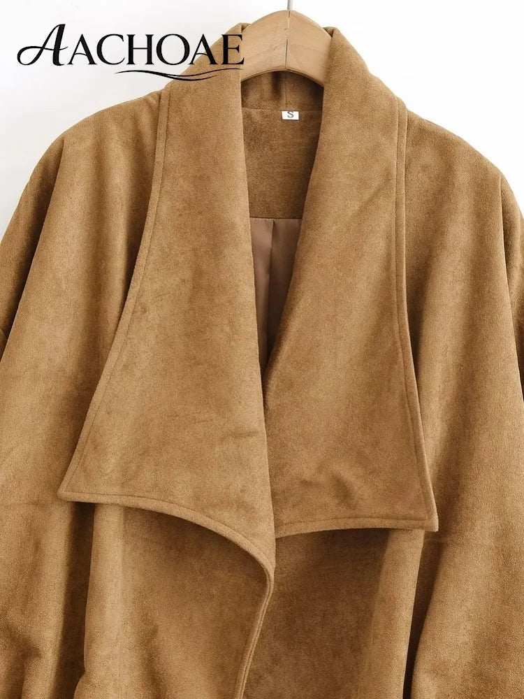 Women Faux Suede Jacket Oversized Open Front Coat Minimalist Casual Outerwear Autumn Winter